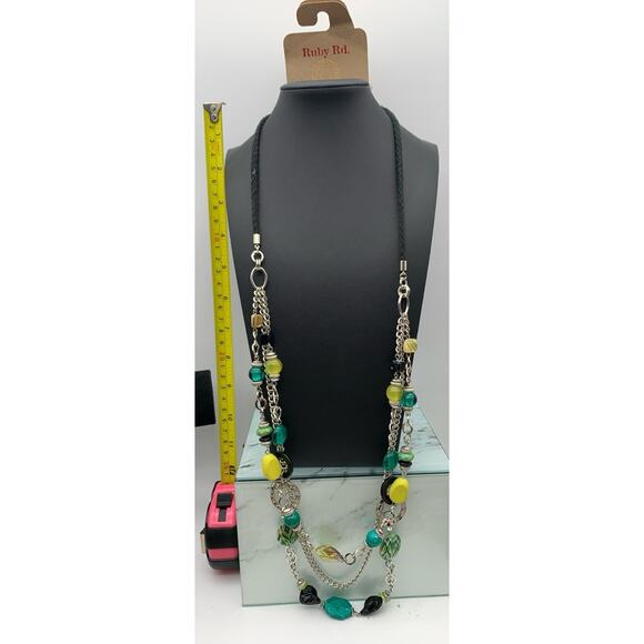 NWT Ruby Rd Silver Tone Teal & Yellow Shell & Beaded Cord & Chain Necklace - Picture 3 of 4